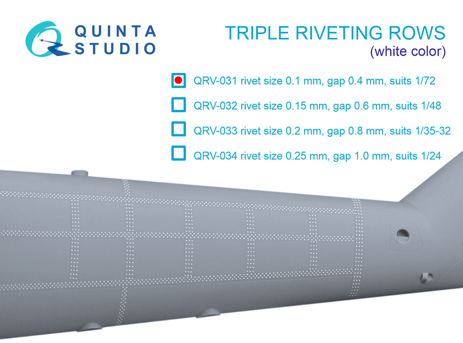 Triple riveting rows (rivet size 0.10 mm, gap 0.4 mm, suits 1/72 scale), White color, total length 6.6 m/22 ft