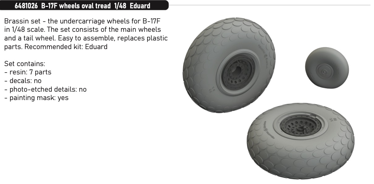 Additions (3D resin printing) 1/48 Boeing B-17F Flying Fortress wheels with oval tread the pattern (designed to be used with Eduard kits)