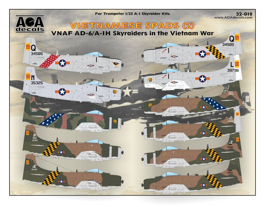 Decal 1/32 Vietnamese Spads (2) - VNAF Douglas AD-6/A-1H Skyraiders in the Vietnam War. Part 2 (AOA Decals)