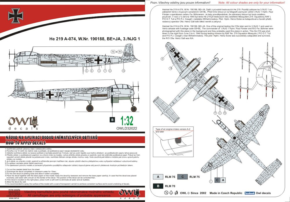 Decal 1/32 Heinkel He219A-074, (BE+JA) (Owl Decals)