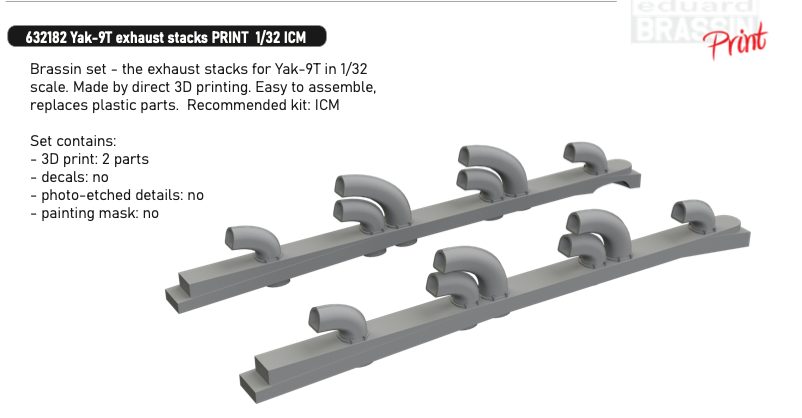 Additions (3D resin printing) 1/32 Yakovlev Yak-9T exhaust stacks 3D-Printed (designed to be used with ICM kits)