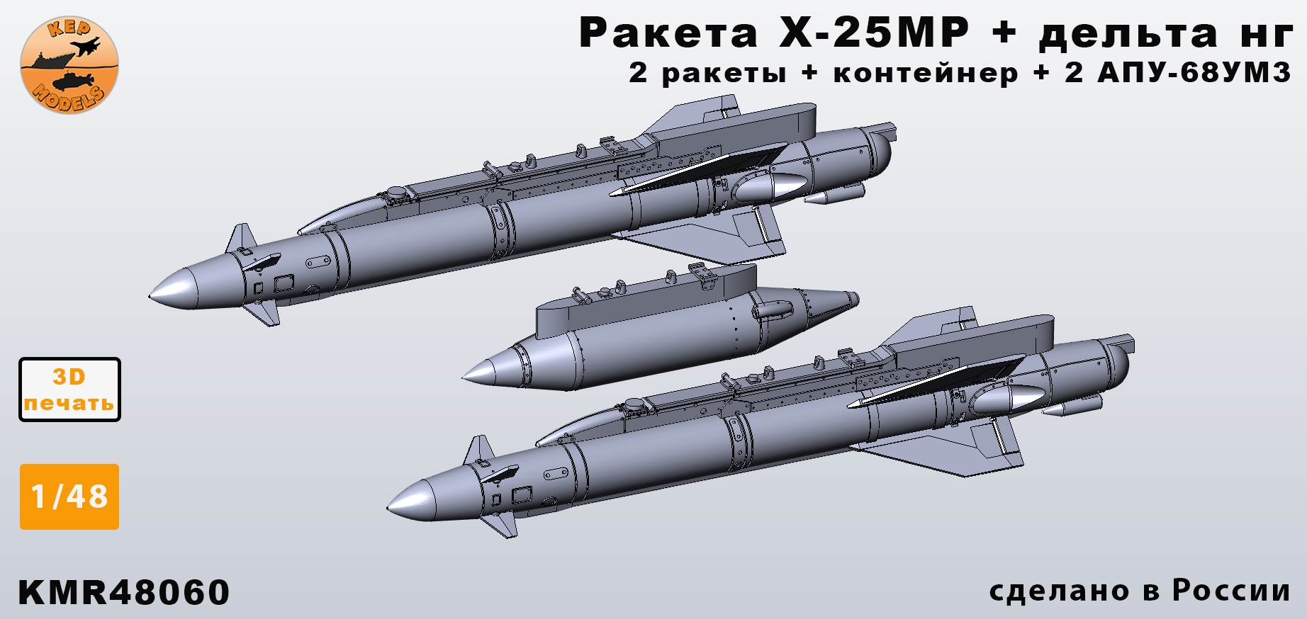 Additions (3D resin printing) 1/48 Kh-25MR missile + Delta-NG + APU-68UM3 (MiG-27) set of 2 missiles and 1 container (KepModels)