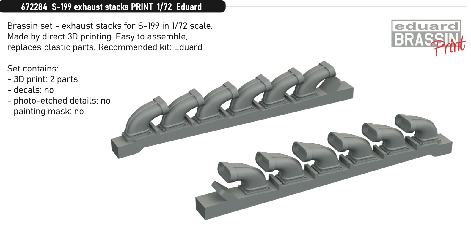 Additions (3D resin printing) 1/72 Avia S-199 exhaust stacks 3D-Printed (designed to be used with Eduard kits) 