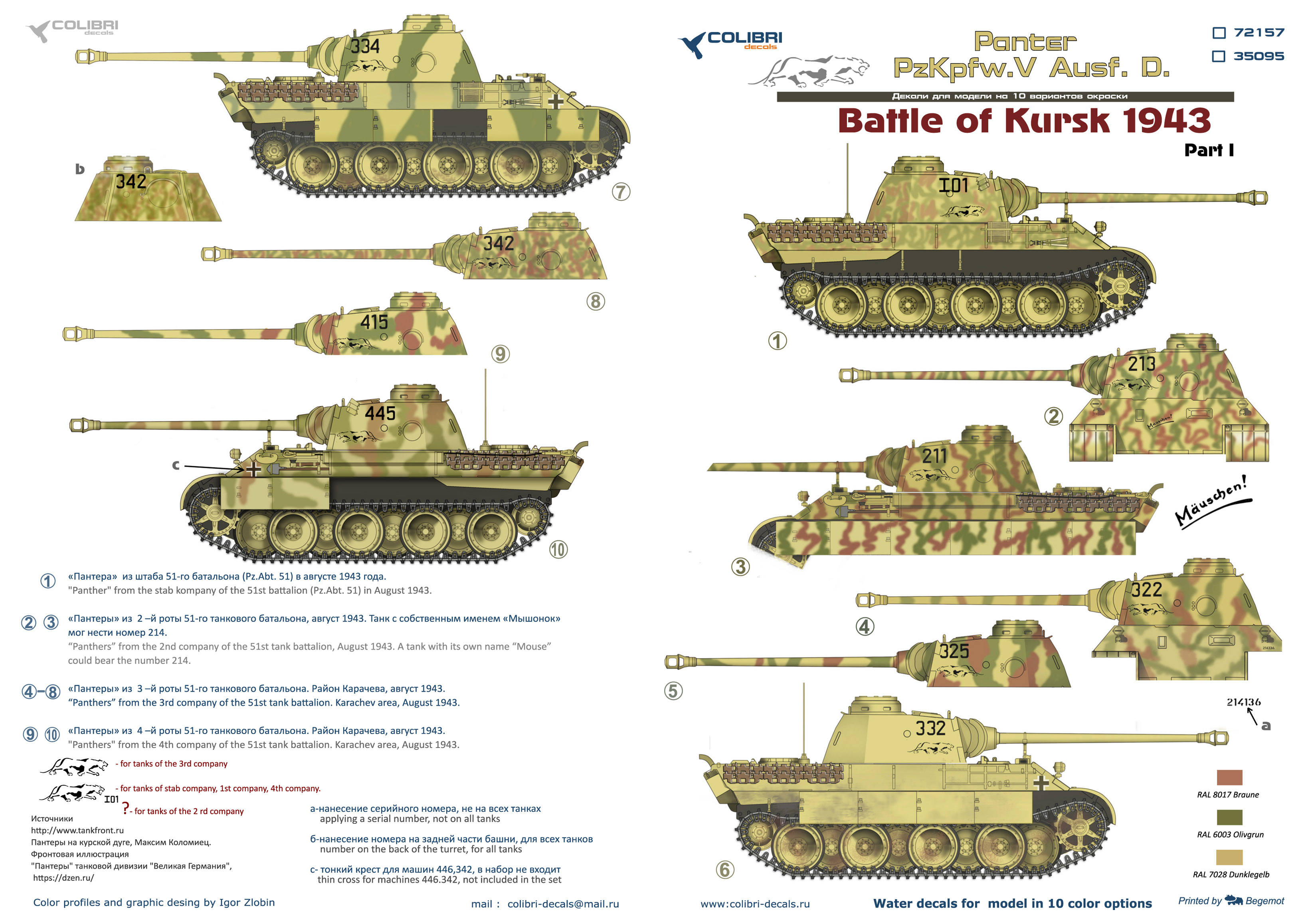Decal 1/72 Pz.Kpfw.V Panter Ausf. D Battle of Kursk1943 - Part I (Colibri Decals)