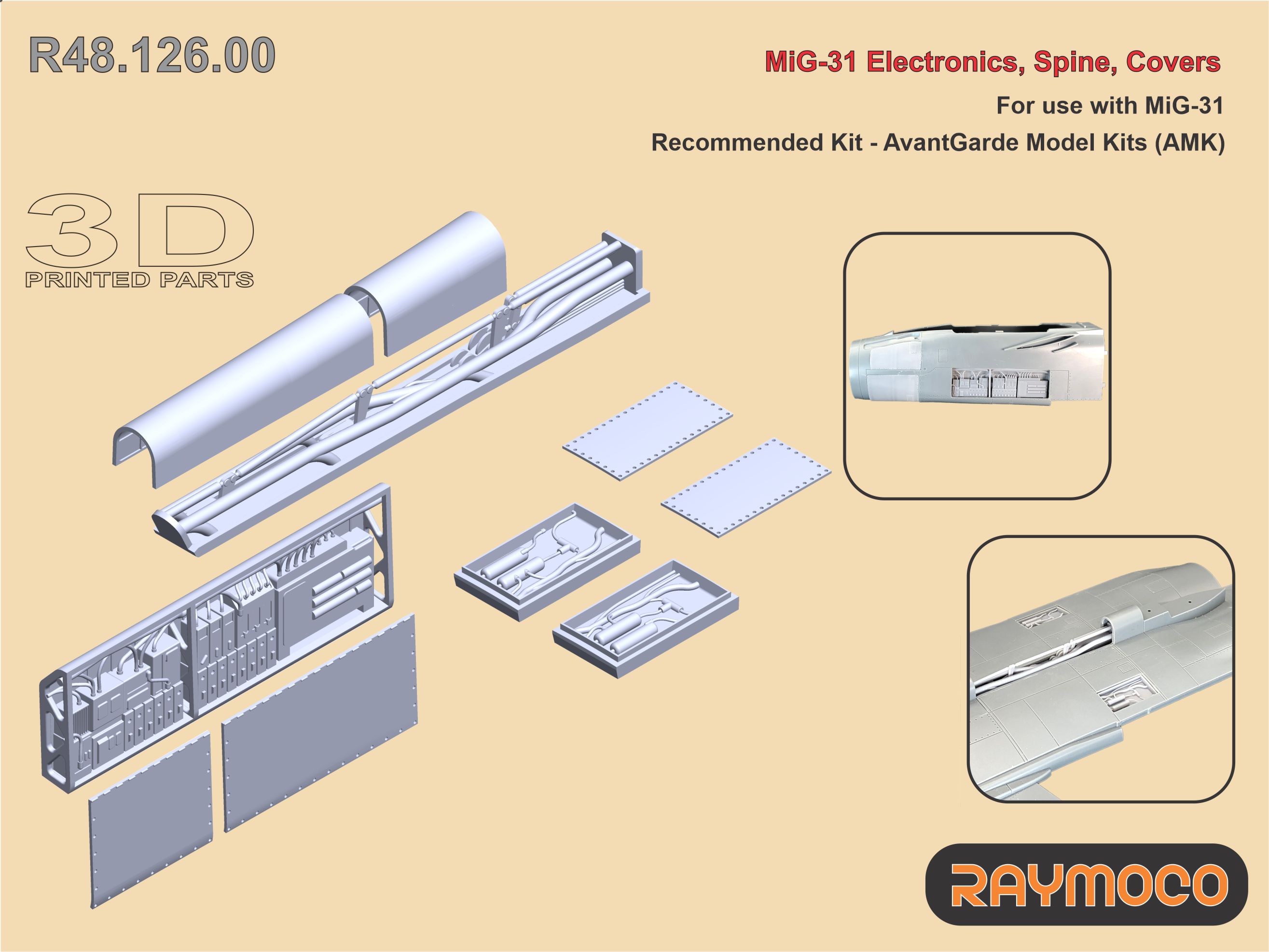 Additions (3D resin printing) 1/48 MiG-31 Electronics, Spine, Covers (AMK) (Raymoco)