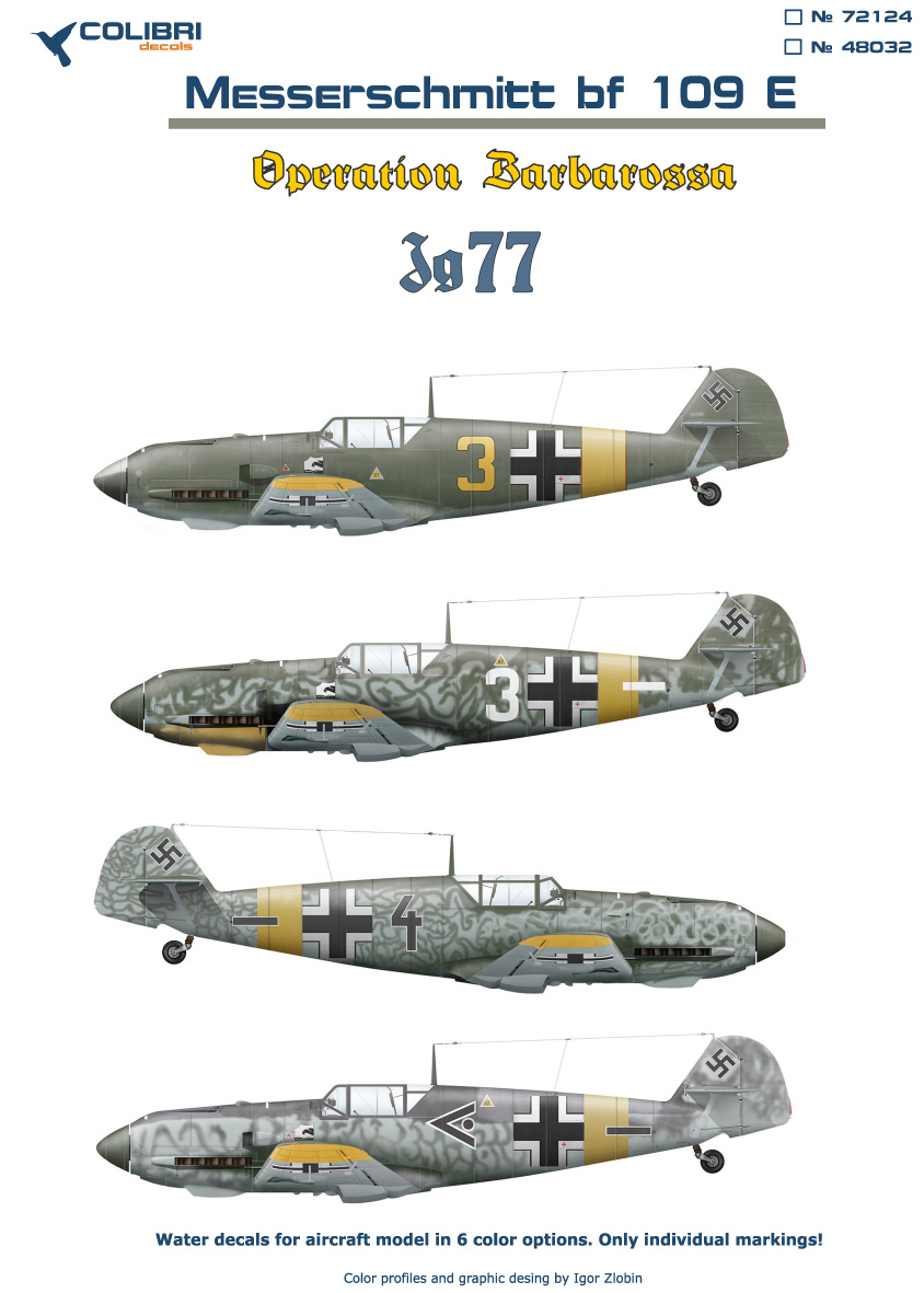 Decal 1/72 Bf-109 E JG 77 (Operation Barbarossa) (Colibri Decals)