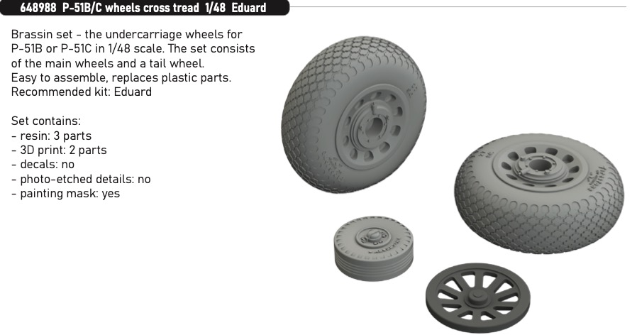 Additions (3D resin printing) 1/48 North-American P-51B/P-51C wheels cross tread 1/48 (designed to be used with Eduard kits)