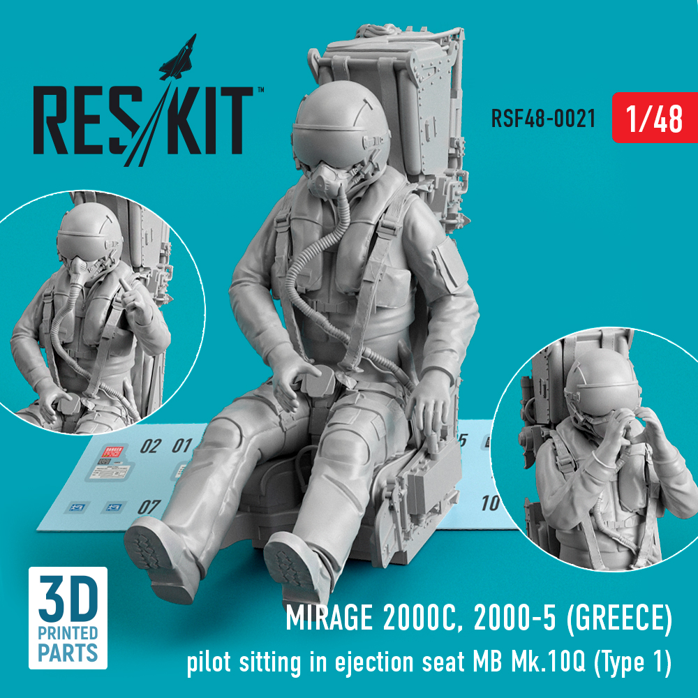 Additions (3D resin printing) 1/48 Dassault-Mirage 2000C 2000-5 (GREECE) pilot sitting in ejection seat MB Mk.10Q (Type 1) (ResKit)