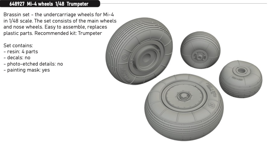 Additions (3D resin printing) 1/48        Mil Mi-4 wheels (designed to be used with Trumpeter kits) 