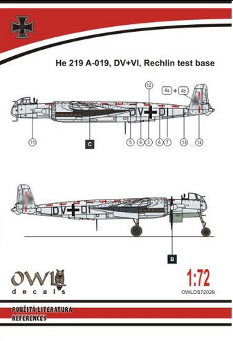 Decal 1/72 Heinkel He.219V-019 DV+VI (catapult test machine) (Owl Decals)