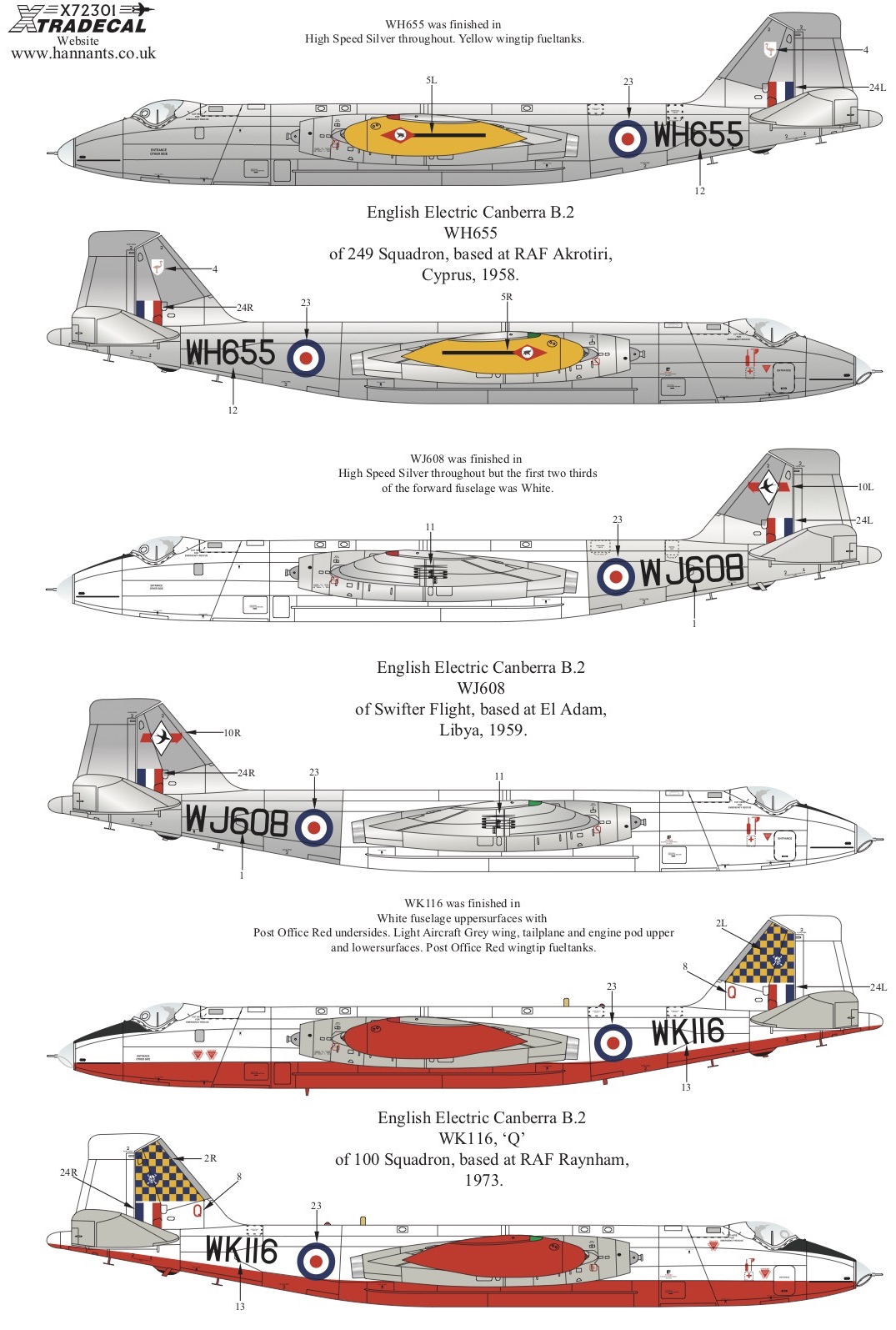 Decal 1/72  BAC/EE Canberra B.2 (6) (Xtradecal)