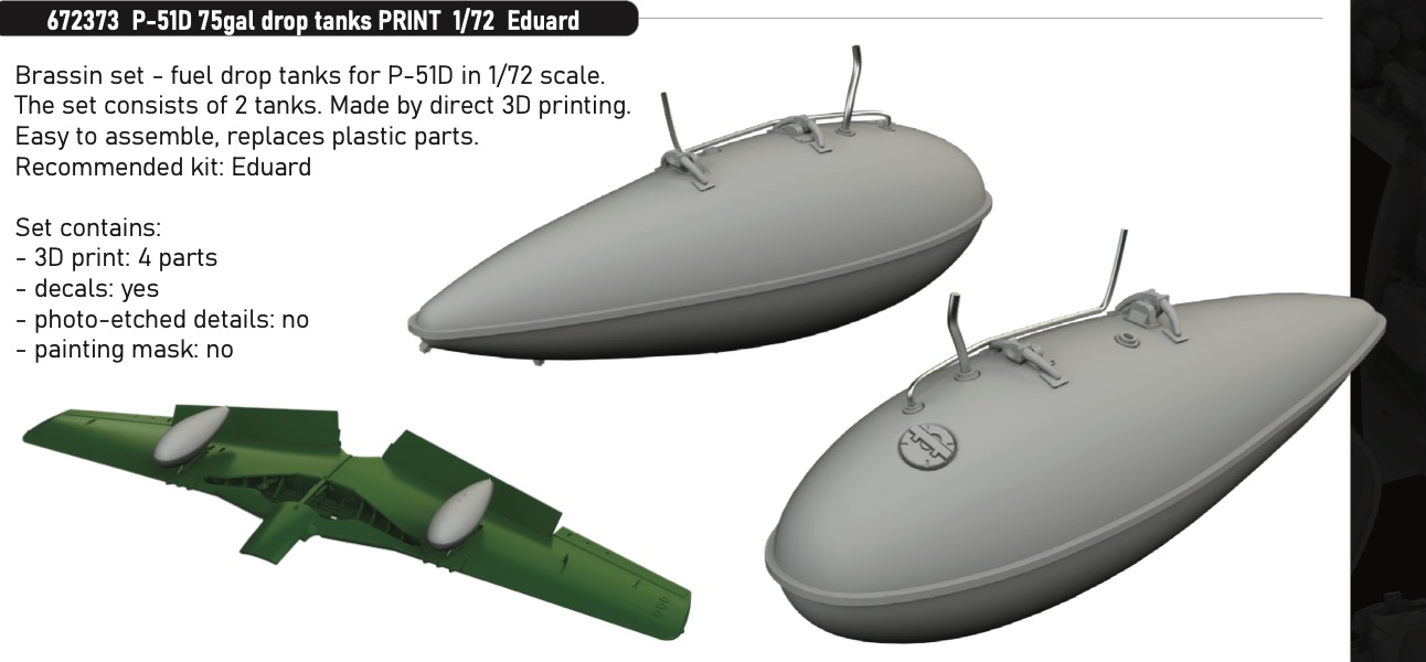 Additions (3D resin printing) 1/72 North-American P-51D Mustang 75gal drop tanks PRINT 1/72 (designed to be used with Eduard kits)