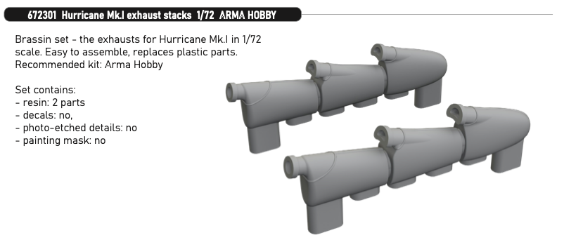 Additions (3D resin printing) 1/72 Hawker Hurricane Mk.I exhaust stacks (designed to be used with Arma Hobby kits) 