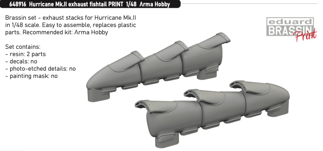 Additions (3D resin printing) 1/48 Hawker Hurricane Mk.II exhaust fishtail 3D-Printed (designed to be used with Arma Hobby kits)