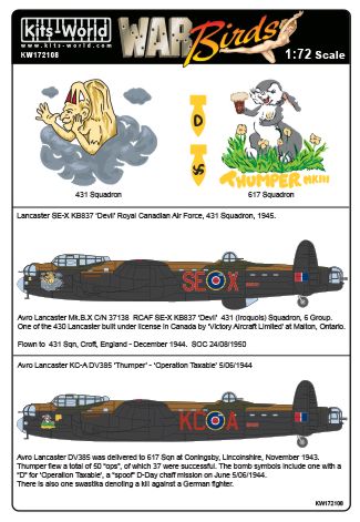 Decal 1/72 Avro Lancaster B.I/III SE-X KB837 'Devil' 431 Sqn (Iroquois) 6 Grp Croft (Kits-World)