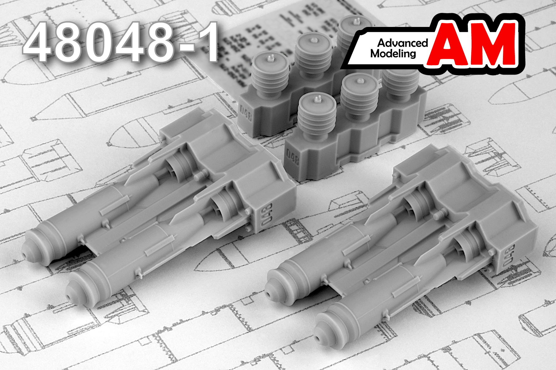 Additions (3D resin printing) 1/48 FAB-250 M-54 with TU-250 High-Explosive 250 kg bomb with parachute brake system (Advanced Modeling) 