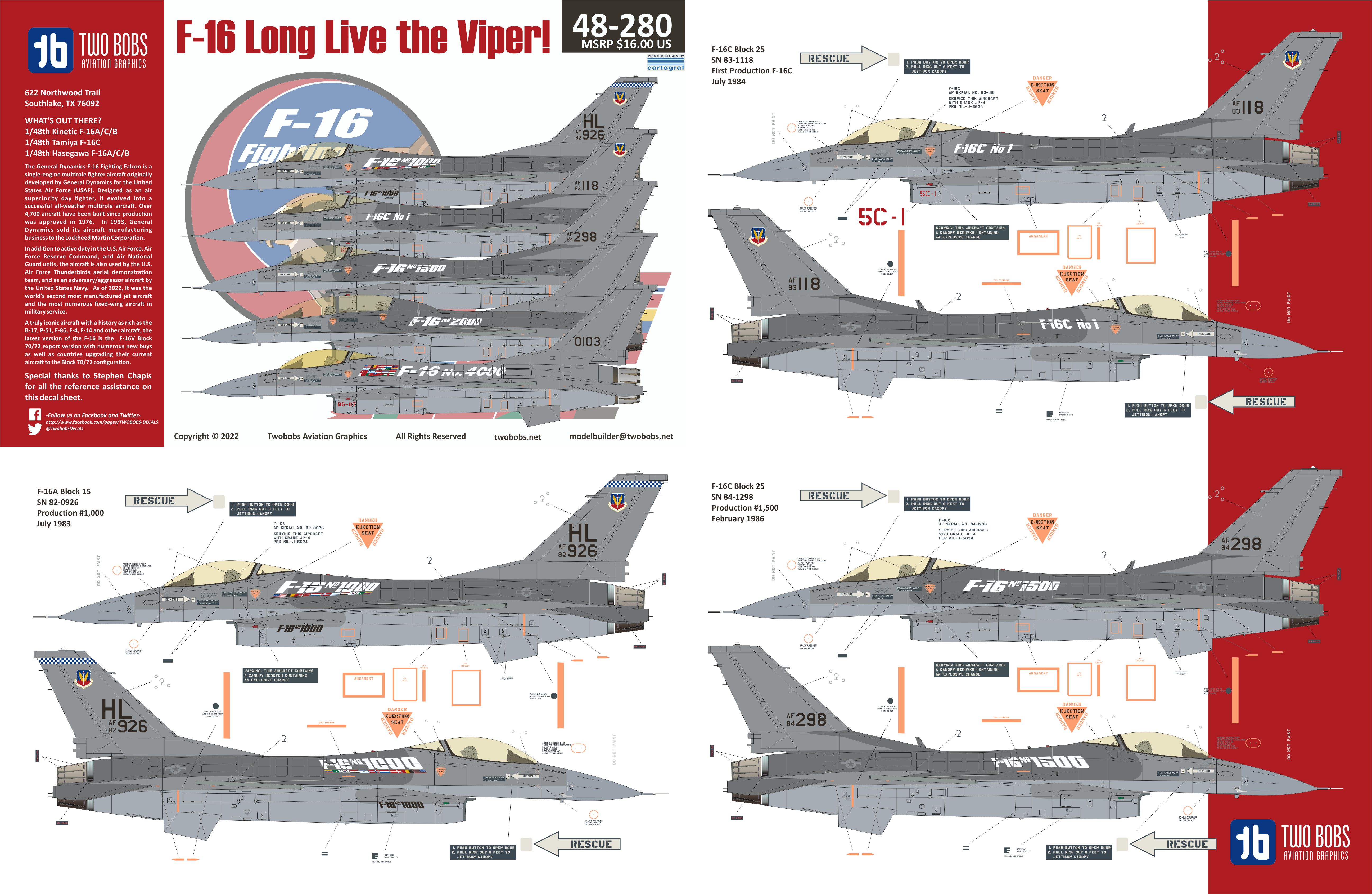 Decal 1/48 General-Dynamics F-16A/Lockheed-Martin F-16C ' Long Live the Viper'  (Two Bobs)