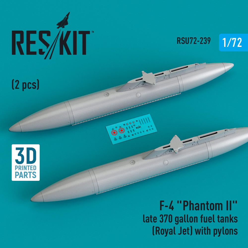 Additions (3D resin printing) 1/72 McDonnell F-4 Phantom II late 370 gallon fuel tanks (Royal Jet) with pylons (2 pcs) (ResKit)