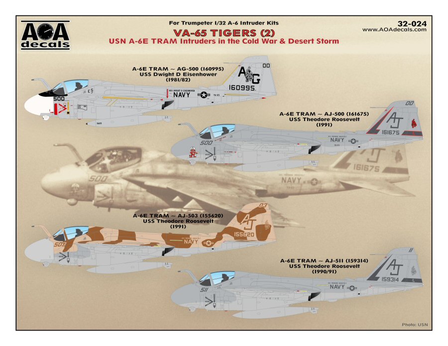 Decal 1/32 VA-65 TIGERS (2) USN Grumman A-6E TRAM Intruders in the Cold War & Desert Storm (AOA Decals)