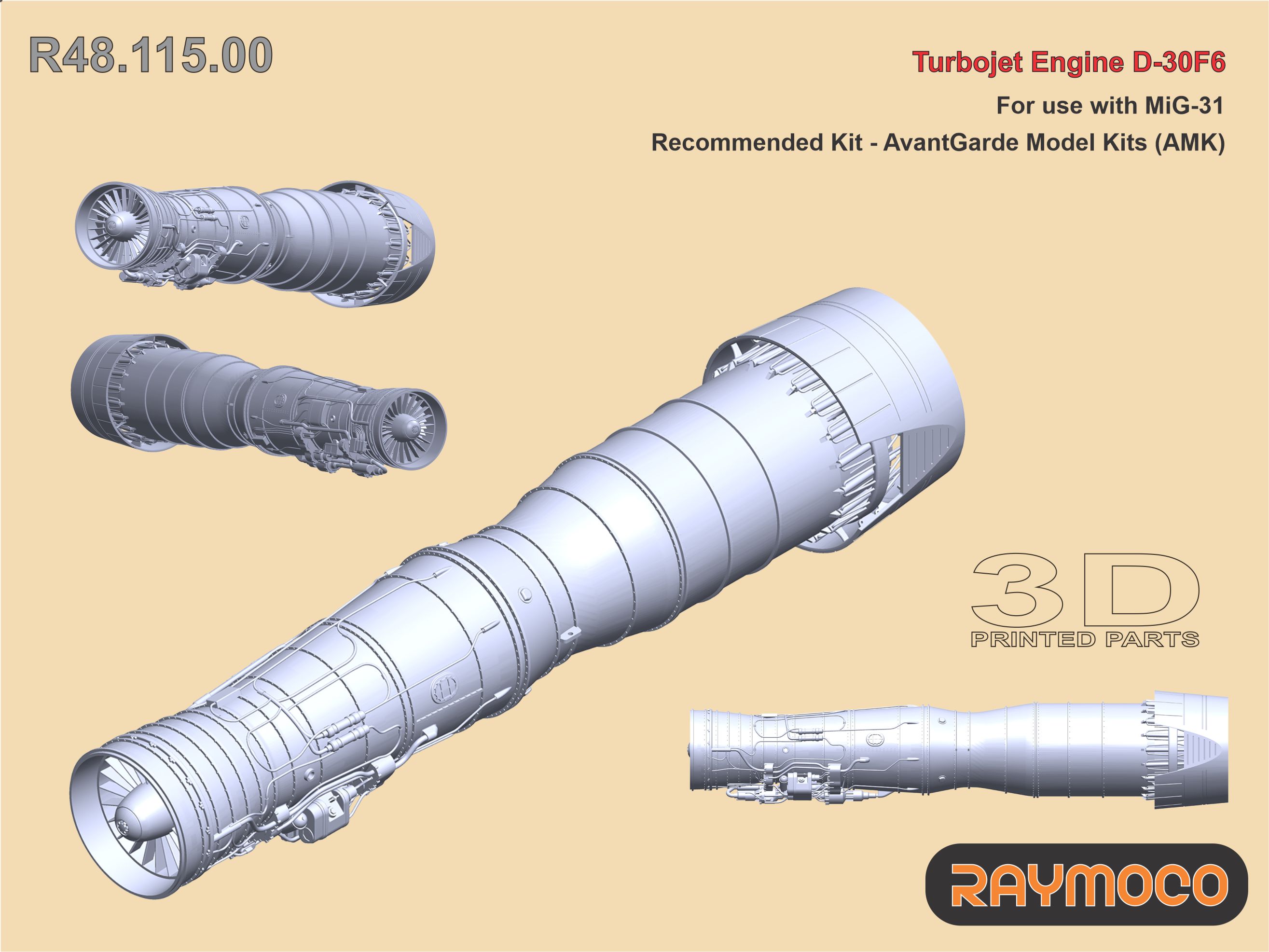 Additions (3D resin printing) 1/48 Turbo Jet Engine D-30F6 (AMK) (Raymoco)