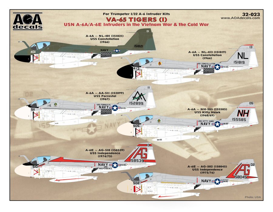 Decal 1/32      VA-65 TIGERS (1) USN Grumman A-6A/A-6E Intruders in the Vietnam War & the Cold War (AOA Decals)
