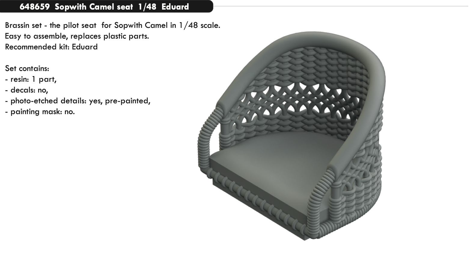 Additions (3D resin printing) 1/48 Sopwith Camel seat (designed to be used with Eduard kits)