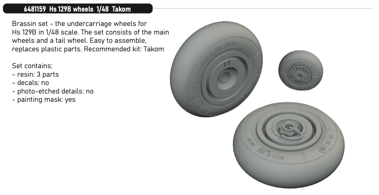 Additions (3D resin printing) 1/48 Henschel Hs-129B wheels 1/48 (designed to be used with Takom kits)