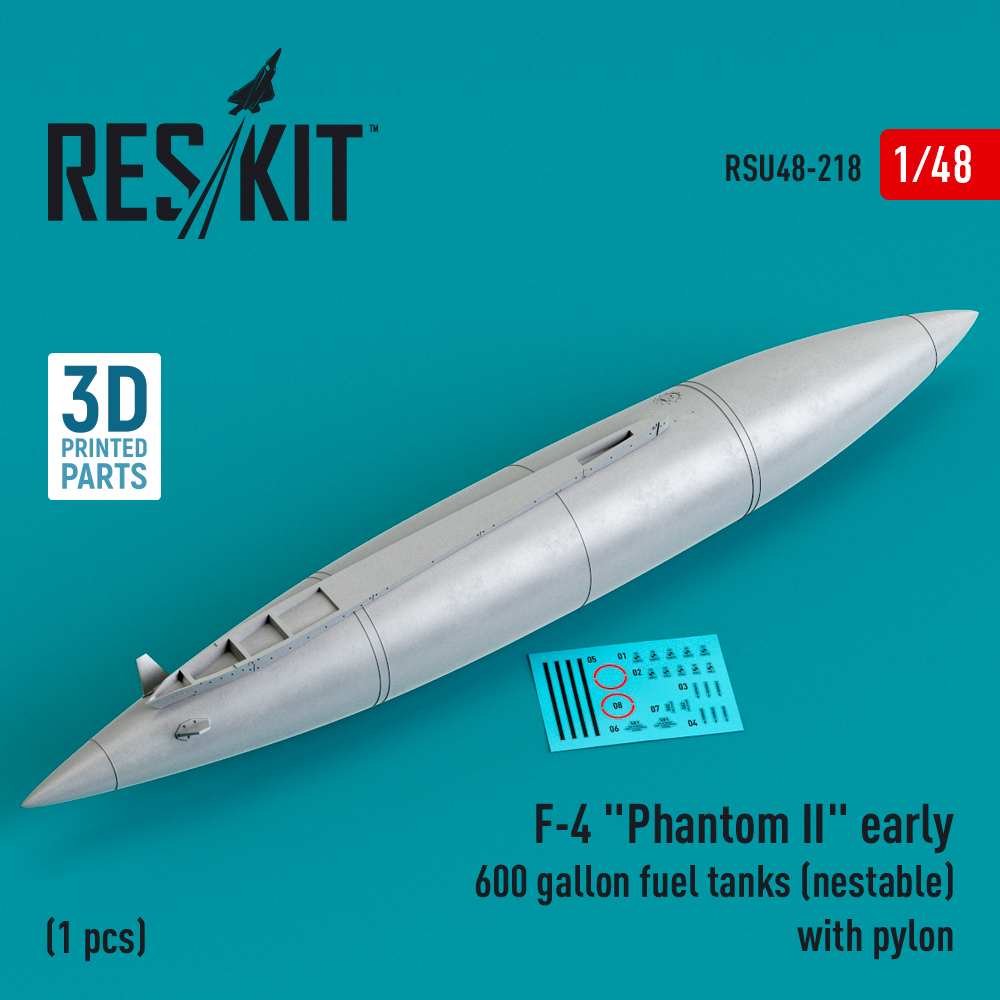 Additions (3D resin printing) 1/48 McDonnell F-4 Phantom II early 600 gallon fuel tanks (nestable) with pylon (1 pcs) (ResKit)