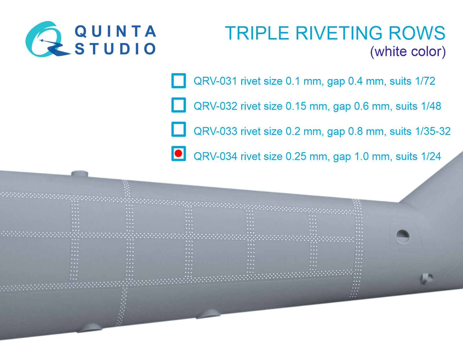 Triple riveting rows (rivet size 0.25 mm, gap 1.0 mm, suits 1/24 scale), White color, total length 3.2 m/10.5 ft