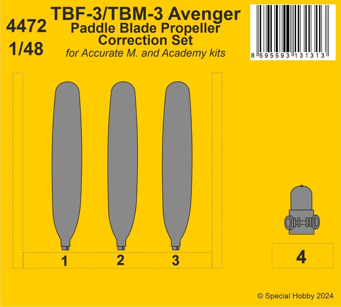 Additions (3D resin printing) 1/48 Grumman TBF-3/TBM-3 Avenger Paddle Blade Propeller Correction Set (designed to be used with Accurate Miniatures and Academy kits)