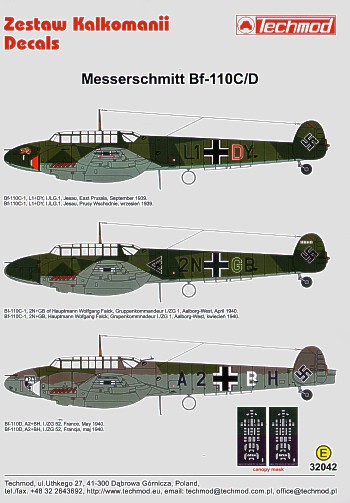 Decal 1/32 Messerschmitt Bf-110C/Bf-110D (3) (Techmod)