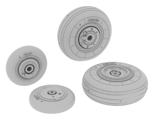 Additions (3D resin printing) 1/72 Mikoyan MiG-29A 'Fulcrum' wheels with weighted tyre effect (designed to be used with Trumpeter kits)