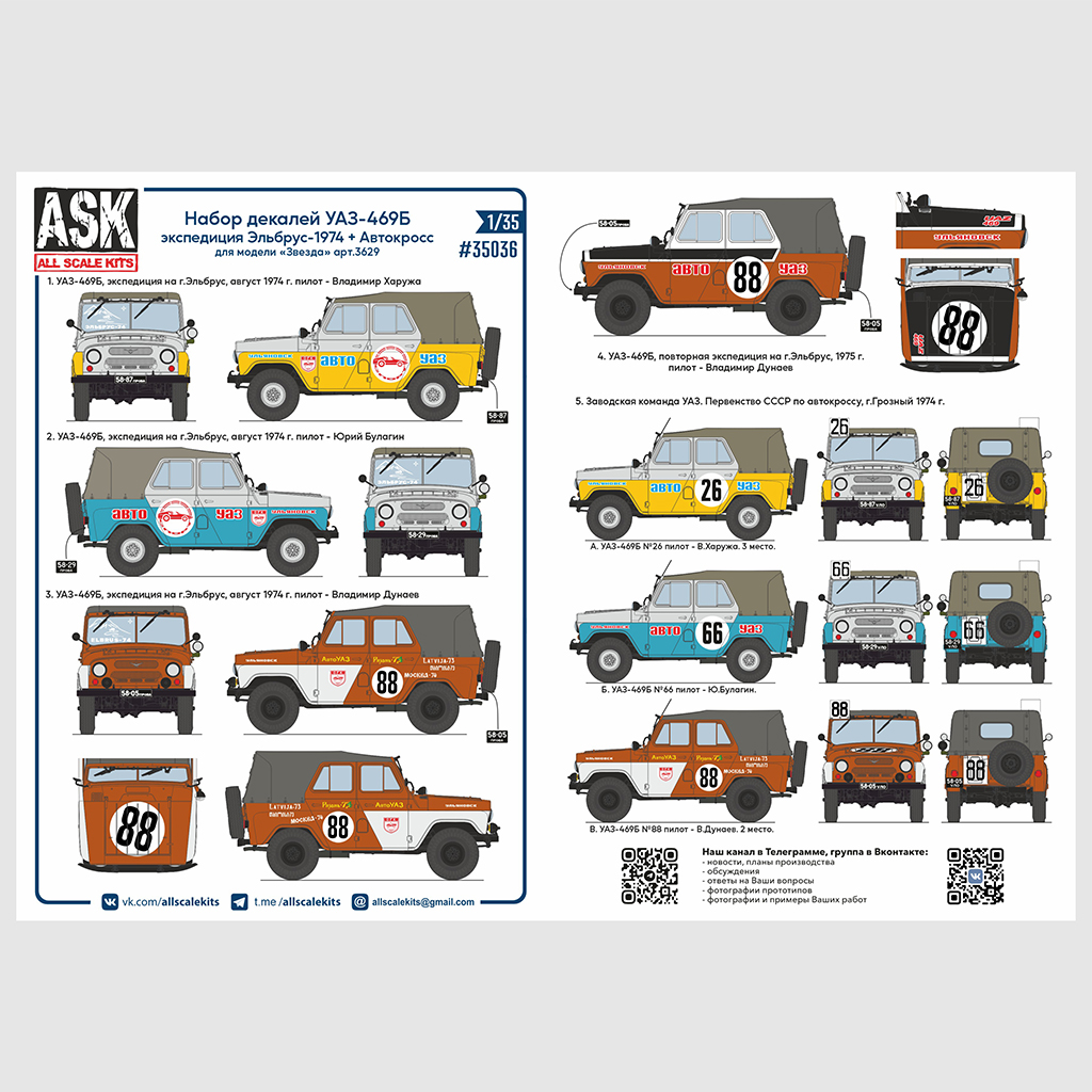Decal 1/35 A set of decals for UAZ-469 expedition to Elbrus 1974 + Autocross of the USSR (ASK)