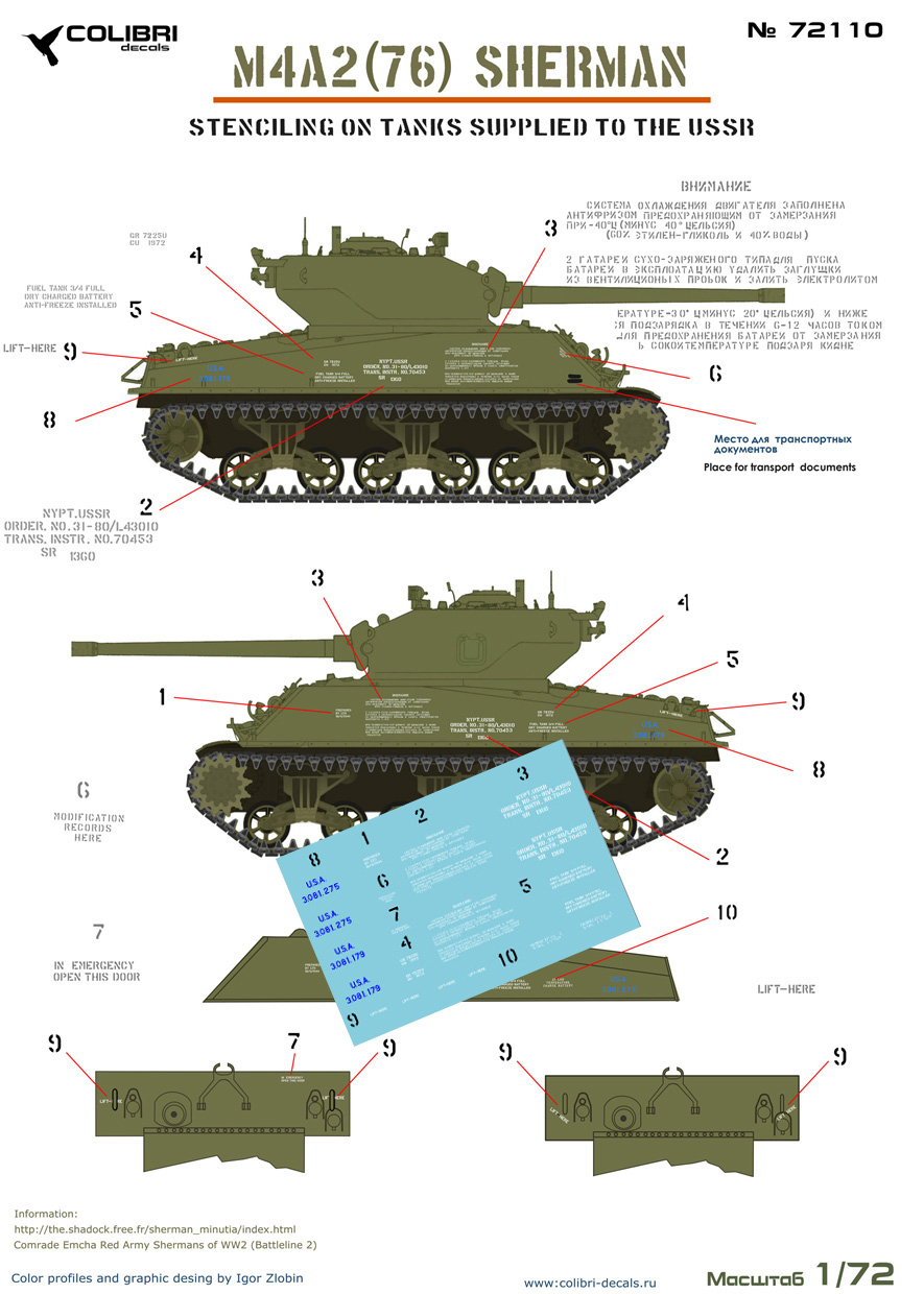 Decal 1/72 M4A2 Sherman (76) w - Stencil Lend-Lease (Colibri Decals)