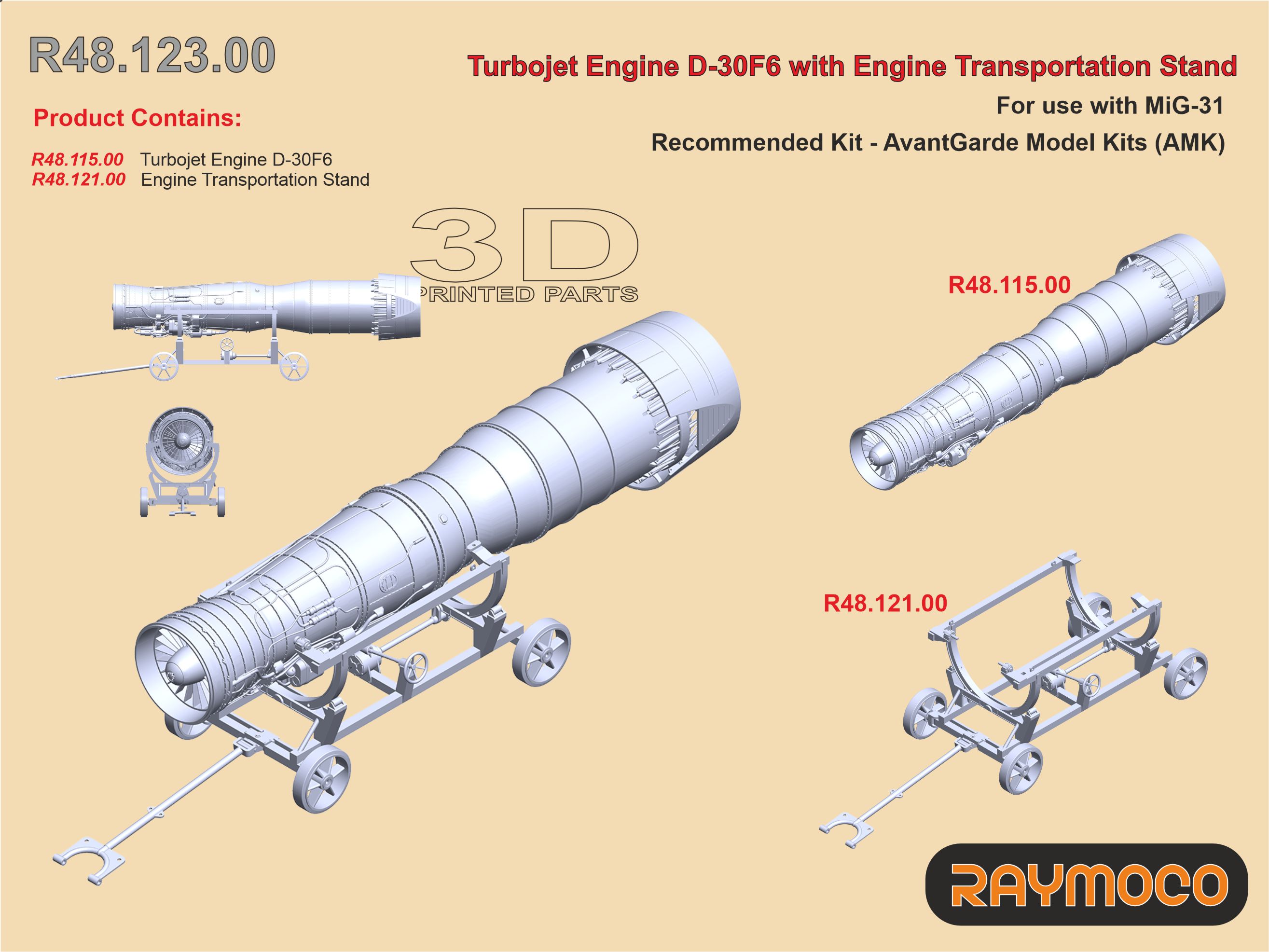 Additions (3D resin printing) 1/48 Turbo Jet Engine D-30F6 /w Transportation Stand (AMK) (Raymoco)