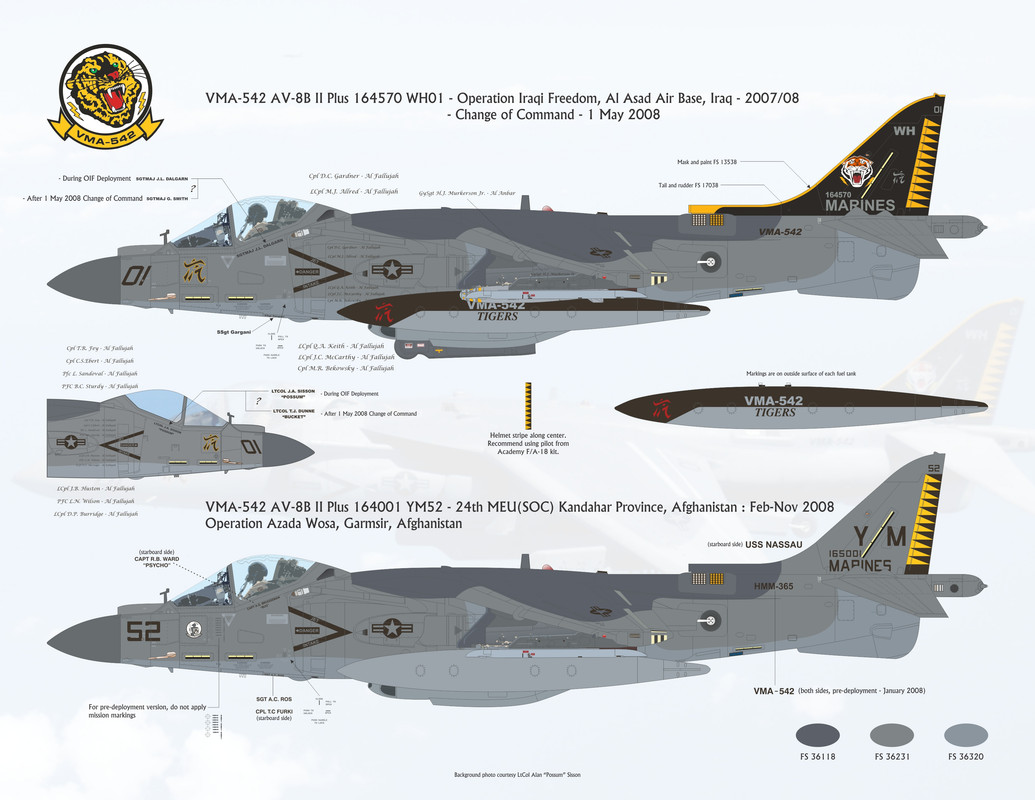 Decal 1/32  McDonnell-Douglas AV-8B Harrier II Plus "Hell Raising Harriers"  (Flying Leathernecks)