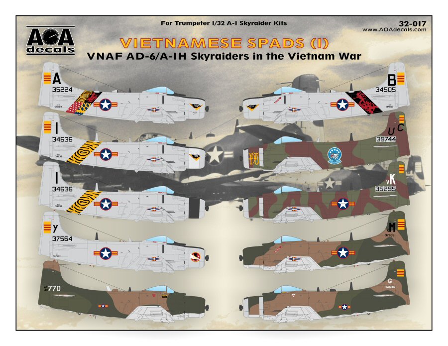 Decal 1/32 Vietnamese Spads (1) - VNAF Douglas AD-6/A-1H Skyraiders in the Vietnam War. Part 1 (AOA Decals)