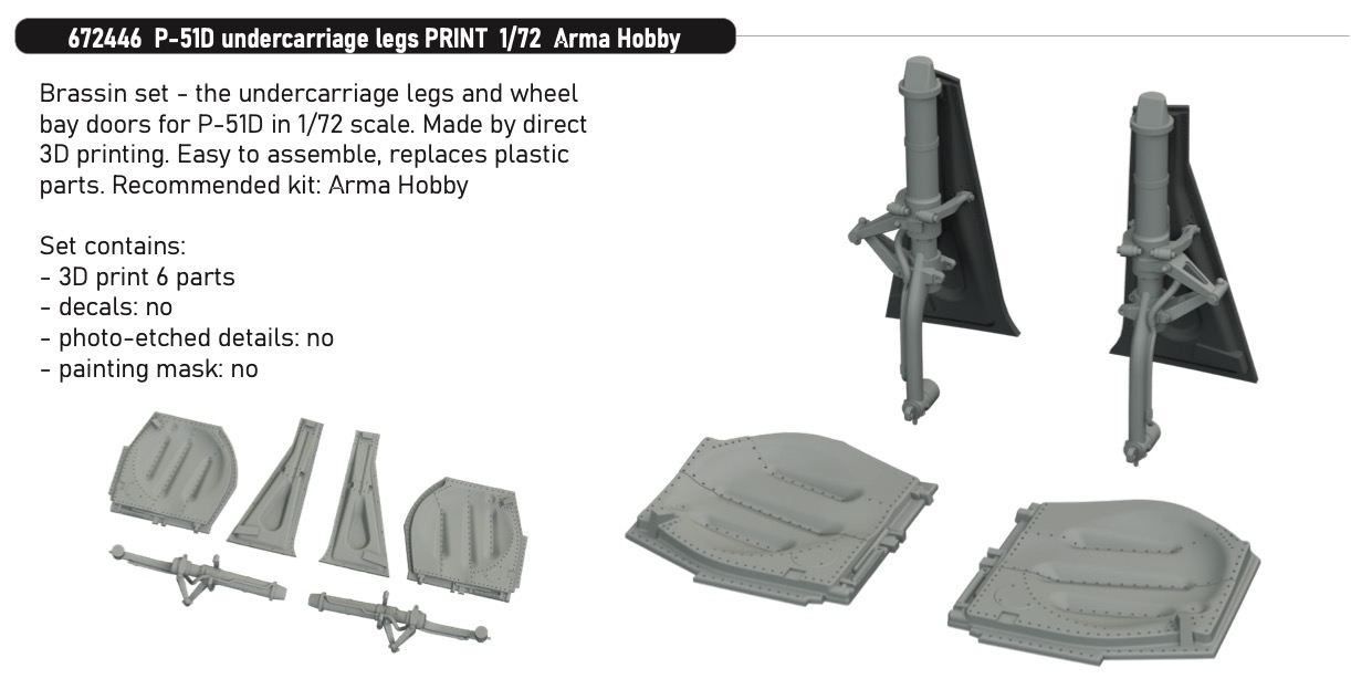 Additions (3D resin printing) 1/72 North-American P-51D Mustang undercarriage legs (3D-Printed) 1/72 (designed to be used with Arma Hobby kits)