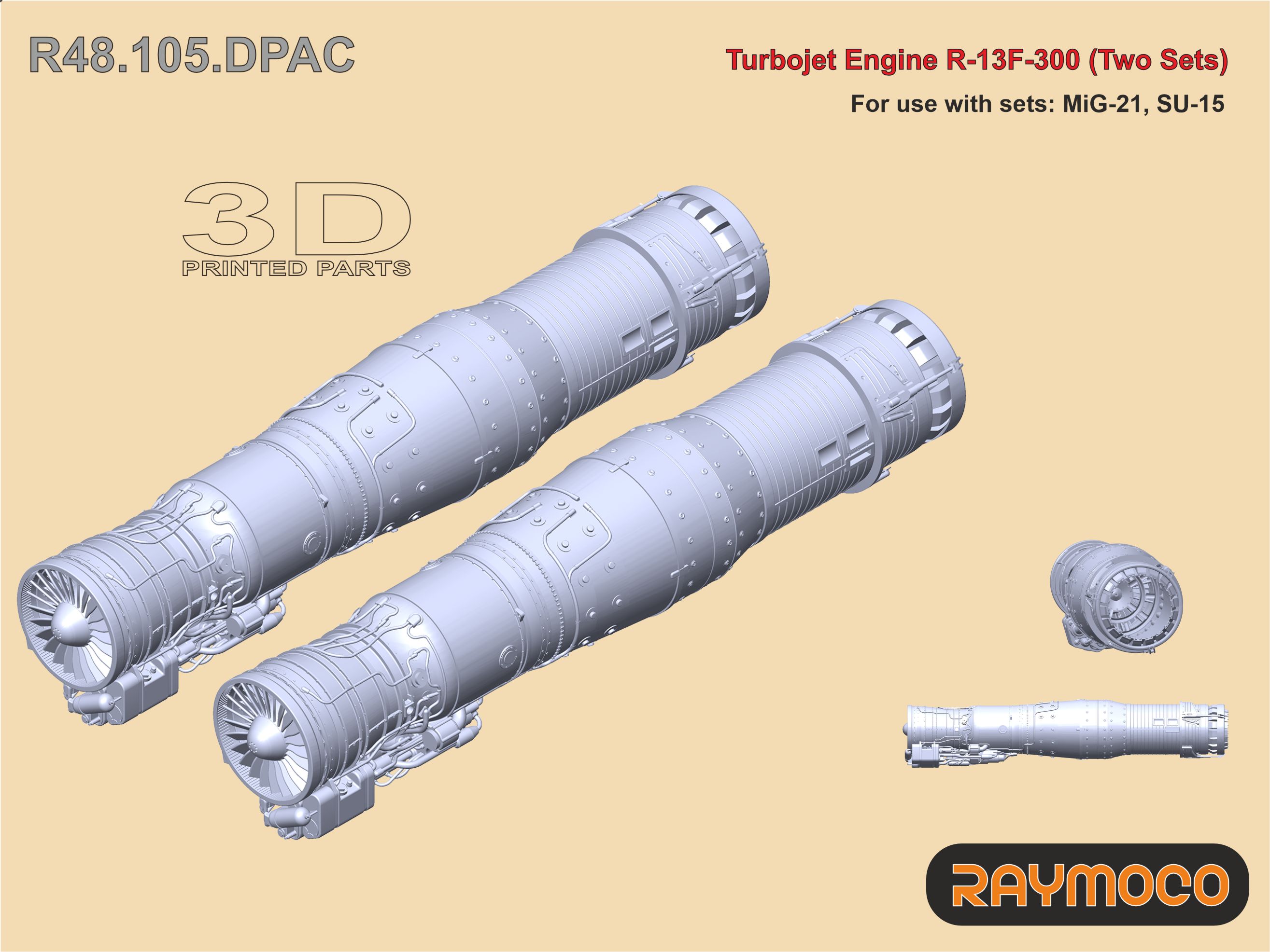 Additions (3D resin printing) 1/48 Turbo Jet Engine R-13F-300/w Stand (2 Sets) (Raymoco)