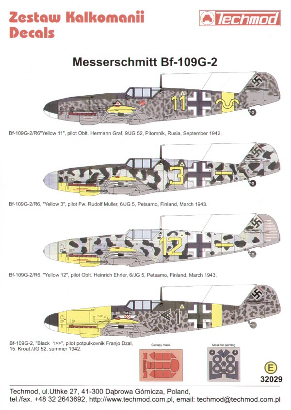 Decal 1/32 Messerschmitt Bf-109G-2 (4) Yellow (Techmod)