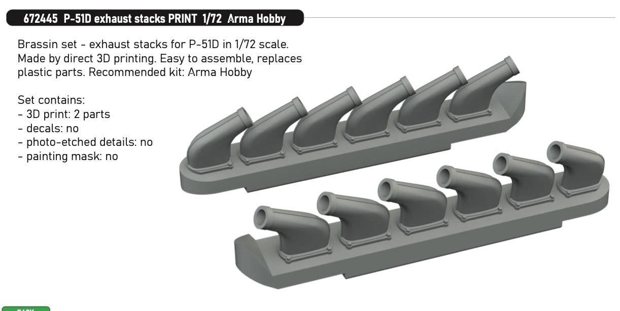 Additions (3D resin printing) 1/72 North-American P-51D Mustang exhaust stacks with fairing (3D-Printed) 1/72 (designed to be used with Arma Hobby kits)
