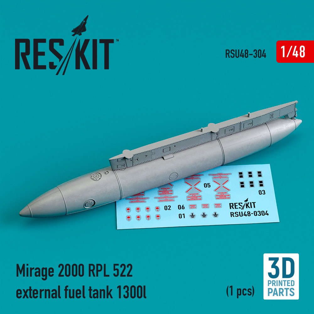 Additions (3D resin printing) 1/48 Dassault-Mirage 2000 RPL 522 external fuel tank 1300lt (ResKit)
