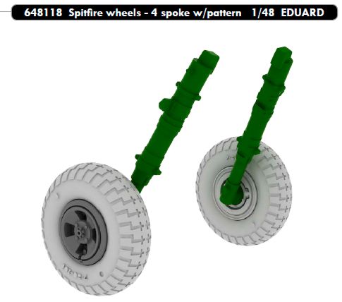 Additions (3D resin printing) 1/48 Supermarine Spitfire Mk.IXc/Mk.IXe wheels with weighted tyre effect - 4 spoke w/pattern (designed to be used with Eduard kits) 