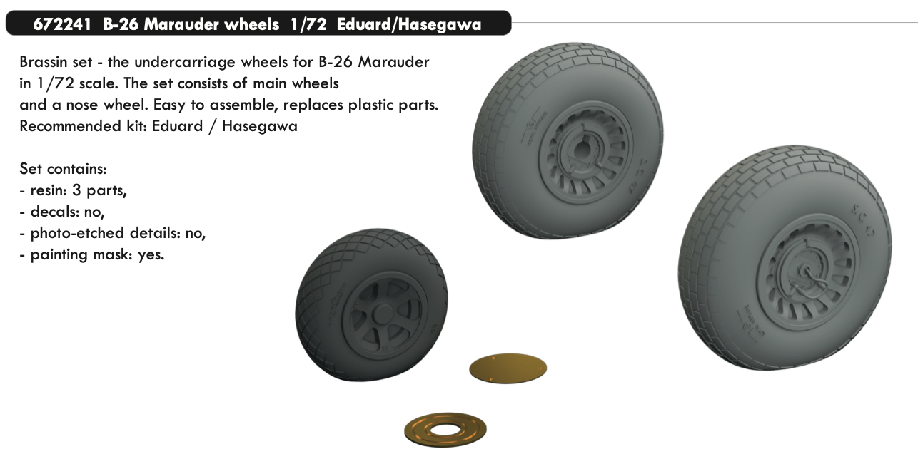 Additions (3D resin printing) 1/72      Martin B-26B/C Marauder wheels with weighted tyre effect (designed to be used with Eduard kits and Hasegawa kits) 