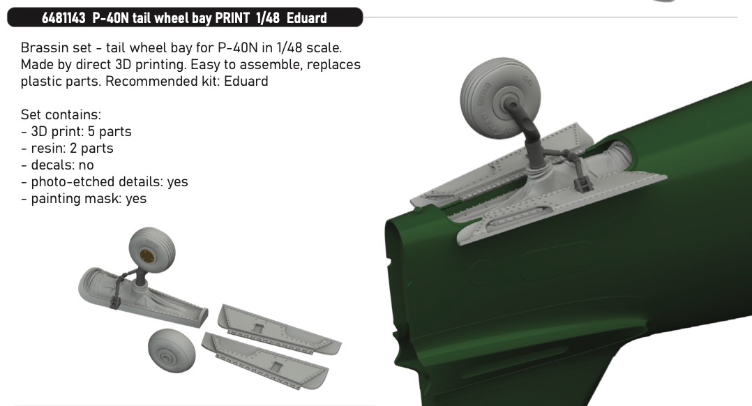 Additions (3D resin printing) 1/48 Curtiss P-40N Warhawk tail wheel bay (3d-printed) 1/48 (designed to be used with Eduard kits)