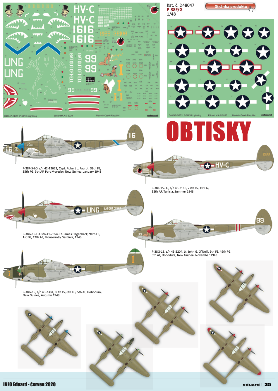 Decal 1/48 Lockheed P-38F/G Lightning x 5 aircraft