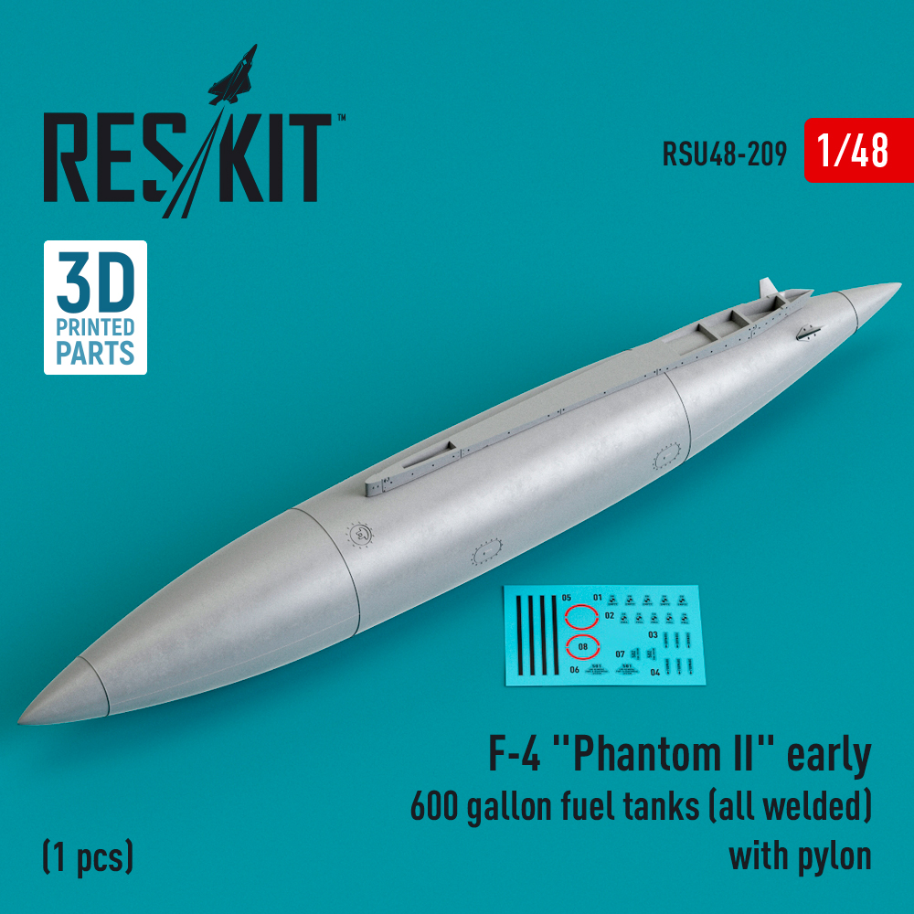 Additions (3D resin printing) 1/48 McDonnell F-4 Phantom II early 600 gallon fuel tanks (all welded) with pylon (1 pcs) (ResKit)