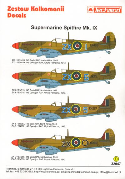 Decal 1/32 Supermarine Spitfire Mk.IXc 4 x North Africa 1943 (Techmod)
