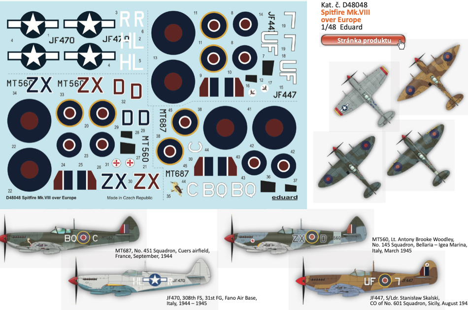 Decal 1/48 Spitfire Mk.VIII over Europe (EDU)