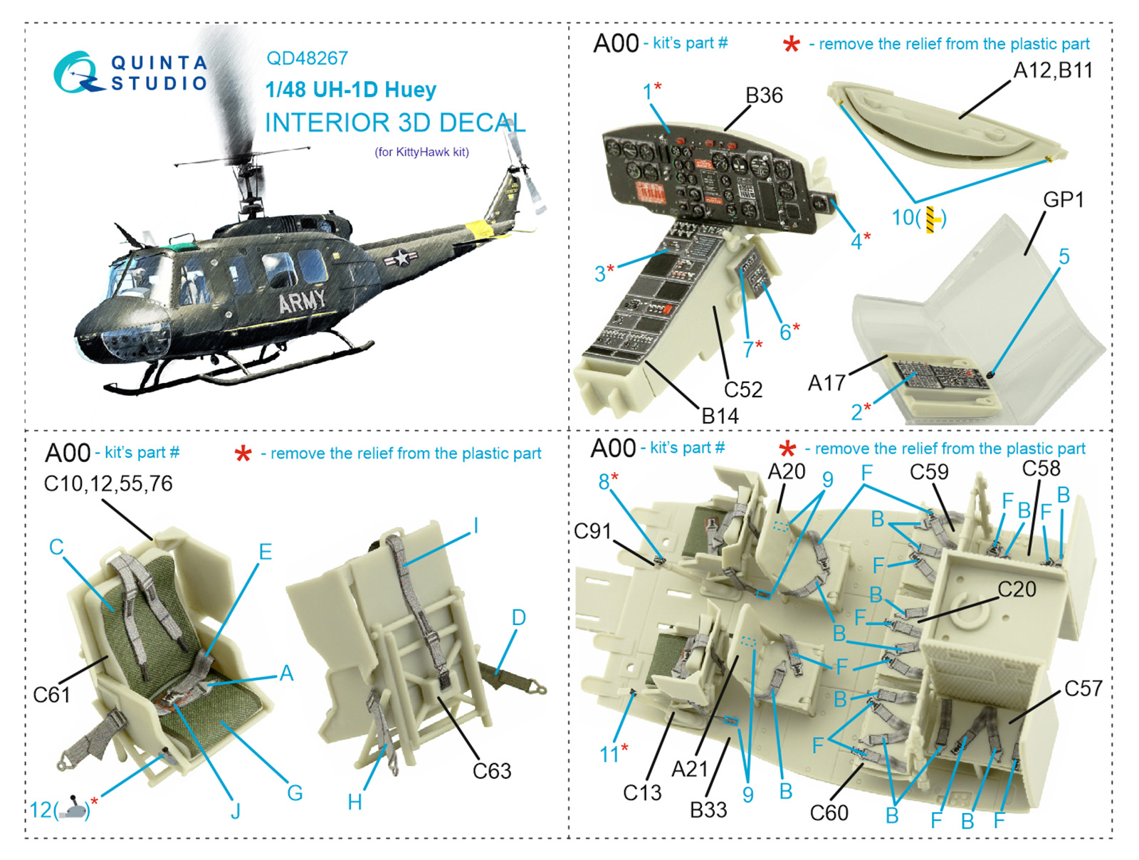UH-1D 3D-Printed & coloured Interior on decal paper (KittyHawk)